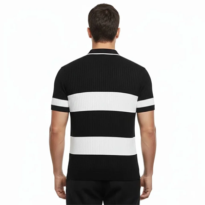 Erkek T-shirt Çizgili Triko Dokuma Kumaş Polo Yaka Yarım Fermuarlı Regular Kalıp Tişört - Siyah