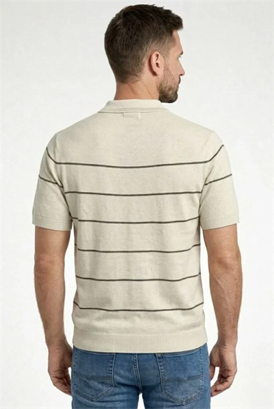 Erkek T-shirt Çizgili Triko Dokuma Kumaş Polo Yaka Yarım Fermuarlı Regular Kalıp Tişört - Bej