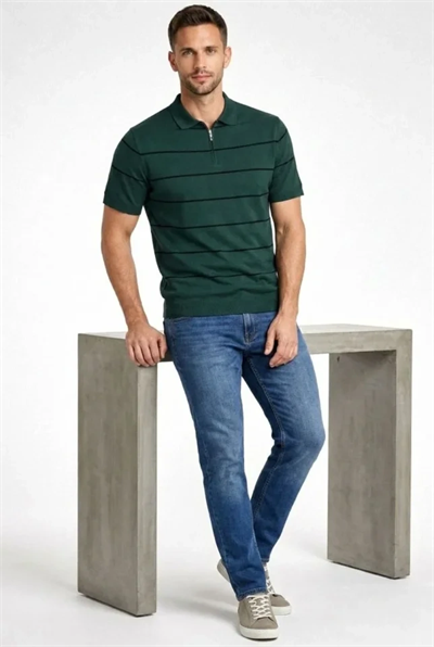 Erkek T-shirt Çizgili Triko Dokuma Kumaş Polo Yaka Yarım Fermuarlı Regular Kalıp Tişört - Çağla Yeşili