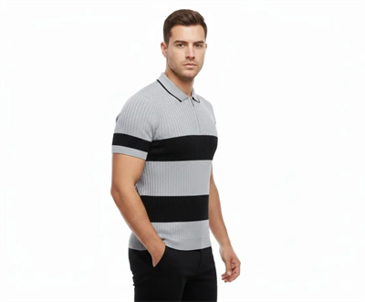 Erkek T-shirt Çizgili Triko Dokuma Kumaş Polo Yaka Yarım Fermuarlı Regular Kalıp Tişört - Gri