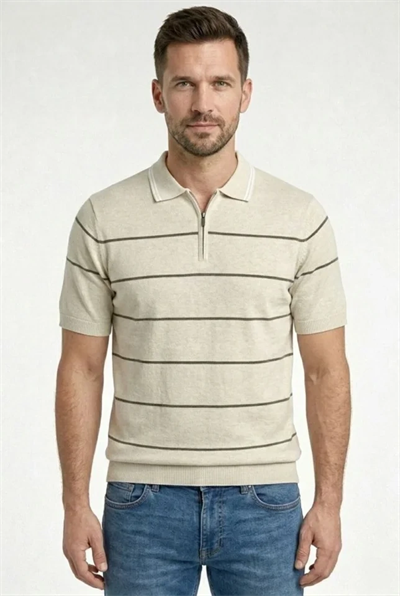 Erkek T-shirt Çizgili Triko Dokuma Kumaş Polo Yaka Yarım Fermuarlı Regular Kalıp Tişört - Bej