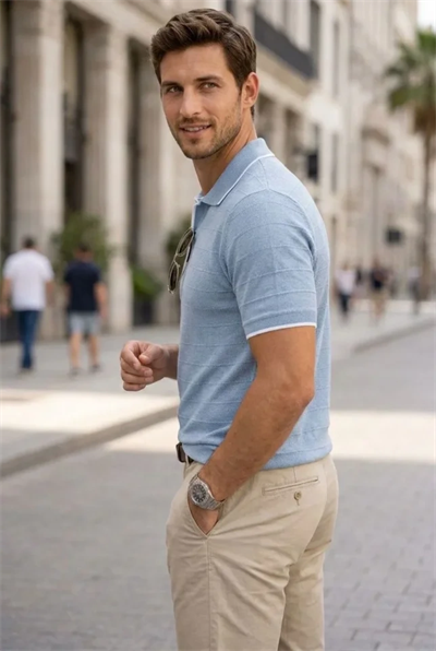 Erkek Triko Kumaş Yakalı Düğmesiz Açık Yaka Fitilli Kısa Kollu Regular Fit Tişört T-shirt - Bebek Mavisi