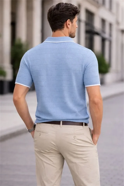 Erkek Triko Kumaş Yakalı Düğmesiz Açık Yaka Fitilli Kısa Kollu Regular Fit Tişört T-shirt - Bebek Mavisi