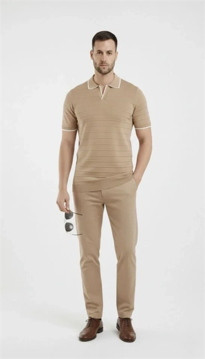 Erkek Triko Kumaş Yakalı Düğmesiz Açık Yaka Fitilli Kısa Kollu Regular Fit Tişört T-shirt - Bej