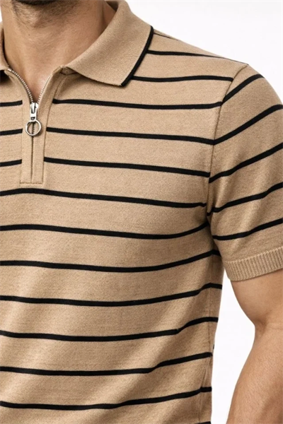 Erkek Triko Polo Yaka Fermuarlı Çizgili Tişört T-Shirt Yazlık Şık - Kahverengi