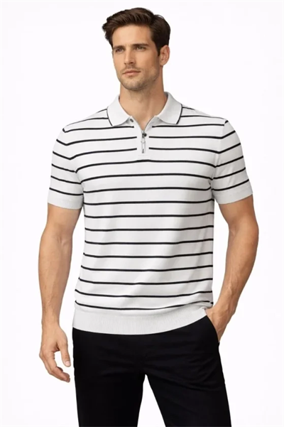 Erkek Triko Polo Yaka Fermuarlı Çizgili Tişört T-Shirt Yazlık Şık - Beyaz