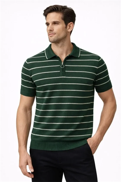 Erkek Triko Polo Yaka Fermuarlı Çizgili Tişört T-Shirt Yazlık Şık - Yeşil