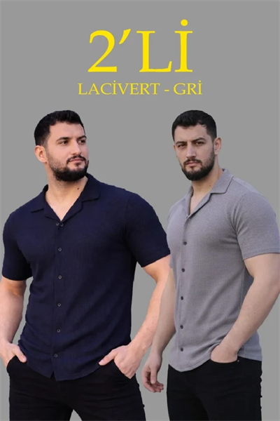 Erkek Waffle Dokuma Açık Yakalı Düğmeli Regular Kalıp 2’li Gömlek Seti - Lacivert - Gri