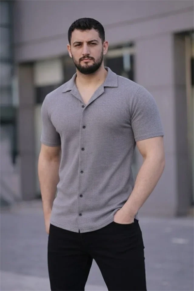 Erkek Waffle Dokuma Açık Yakalı Düğmeli Regular Kalıp 2’li Gömlek Seti - Lacivert - Gri