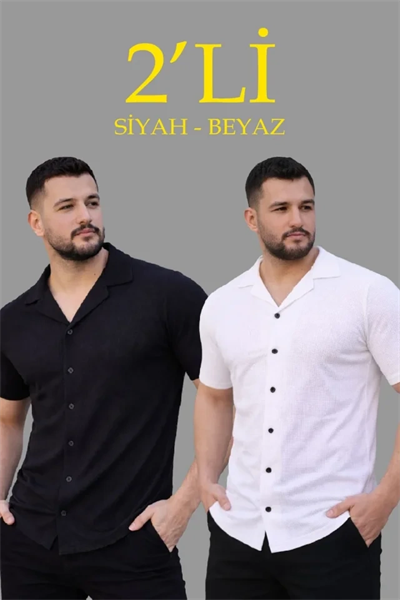Erkek Waffle Dokuma Açık Yakalı Düğmeli Regular Kalıp 2’li Gömlek Seti - Siyah - Beyaz
