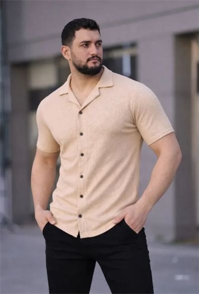 Erkek Waffle Dokuma Açık Yakalı Düğmeli Regular Kalıp 2’li Gömlek Seti - Haki - Bej