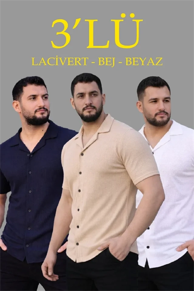 Erkek Waffle Dokuma Açık Yakalı Düğmeli Regular Kalıp 3’lü Gömlek Seti - Bej, Beyaz, Lacivert