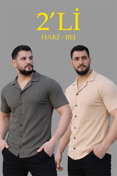 Erkek Waffle Dokuma Açık Yakalı Düğmeli Regular Kalıp 2’li Gömlek Seti - Lacivert - Gri
