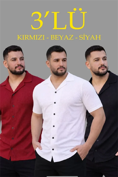 Erkek Waffle Dokuma Açık Yakalı Düğmeli Regular Kalıp 3’lü Gömlek Seti - Siyah, Kırmızı, Beyaz