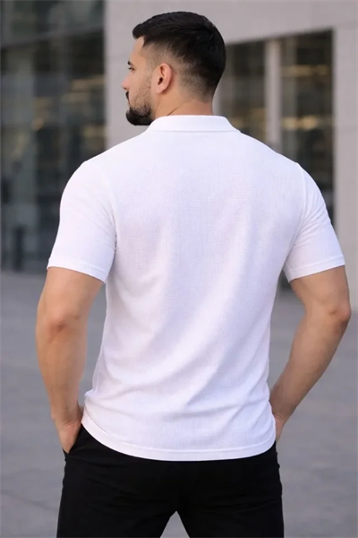 Erkek Waffle Kumaş Kısa Kollu Düğmeli Açık Yaka Regular Fit Gömlek - Beyaz