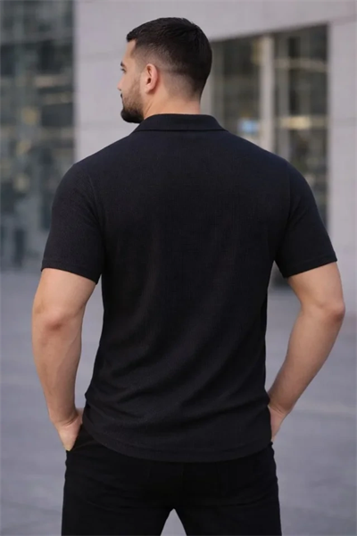 Erkek Waffle Kumaş Kısa Kollu Düğmeli Açık Yaka Regular Fit Gömlek - Siyah