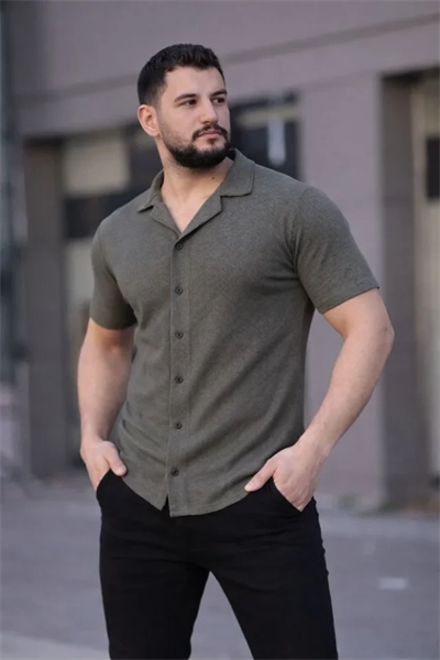 Erkek Waffle Kumaş Kısa Kollu Düğmeli Açık Yaka Regular Fit Gömlek - Haki