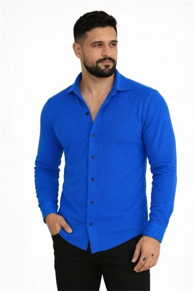 Erkek Waffle Kumaş Uzun Kollu Düğmeli Açık Yaka Regular Fit Gömlek - Saks Mavisi