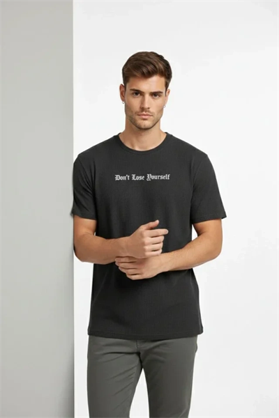 Erkek Wafıl Kumaş Tişört Regular Kalıp Bisiklet Yaka Baskılı Günlük Basic T-Shirt - Siyah