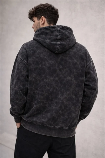 Erkek Yağ Yıkamalı Kapşonlu Double Oversize Üç İplik Pamuklu Sweatshirt - Siyah
