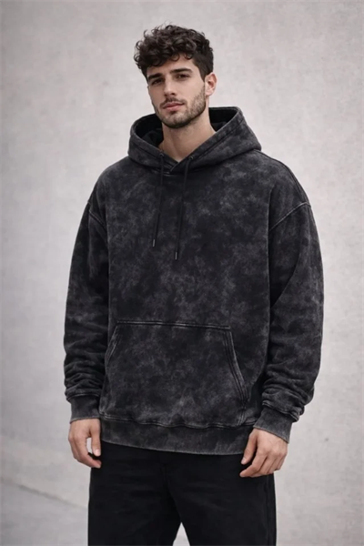 Erkek Yağ Yıkamalı Kapşonlu Double Oversize Üç İplik Pamuklu Sweatshirt - Siyah
