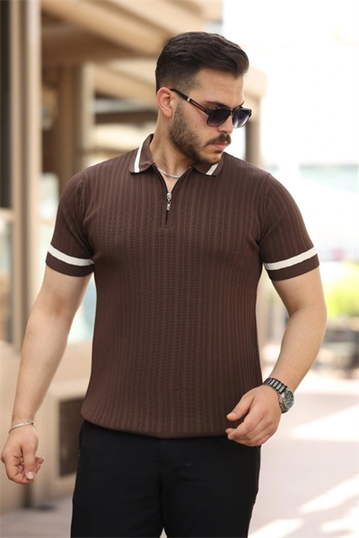 Erkek Yaka Ve Kolları çizgi Detaylı Fermuarlı Kısa Kollu T-shirt
