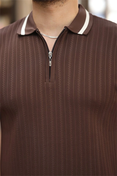 Erkek Yaka Ve Kolları çizgi Detaylı Fermuarlı Kısa Kollu T-shirt