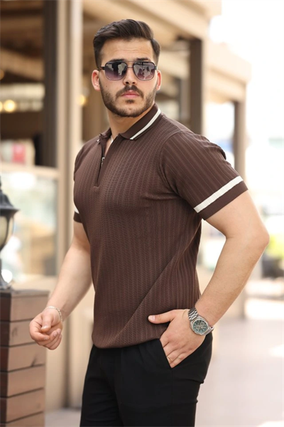 Erkek Yaka Ve Kolları çizgi Detaylı Fermuarlı Kısa Kollu T-shirt