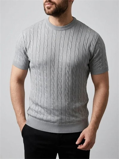 Erkek Yazlık Triko Dokuma Tişört Kısa Kol Bisiklet Yaka Örgü Desenli T-Shirt - Gri
