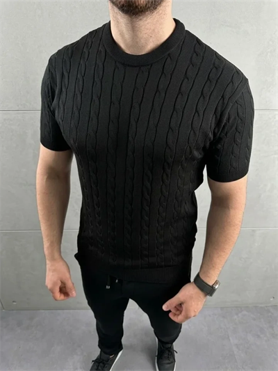 Erkek Yazlık Triko Dokuma Tişört Kısa Kol Bisiklet Yaka Örgü Desenli T-Shirt - Siyah
