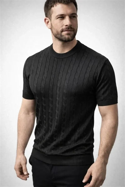 Erkek Yazlık Triko Dokuma Tişört Kısa Kol Bisiklet Yaka Örgü Desenli T-Shirt - Siyah