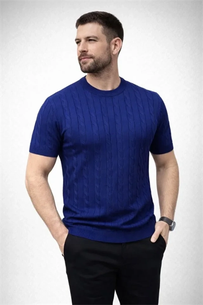 Erkek Yazlık Triko Dokuma Tişört Kısa Kol Bisiklet Yaka Örgü Desenli T-Shirt - Lacivert