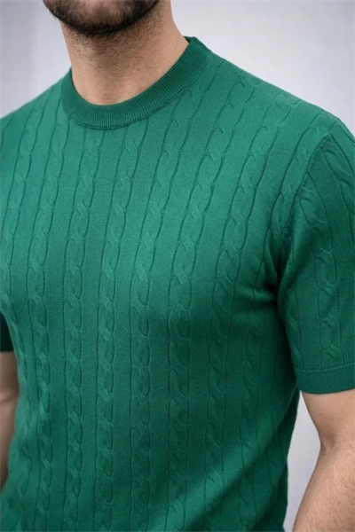 Erkek Yazlık Triko Dokuma Tişört Kısa Kol Bisiklet Yaka Örgü Desenli T-Shirt - Haki