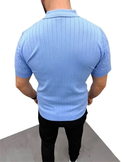 Erkek Yazlık Triko Saç Örgü Tişört Kısa Kol Polo Yaka Fermuarlı T-Shirt - Bebe Mavisi