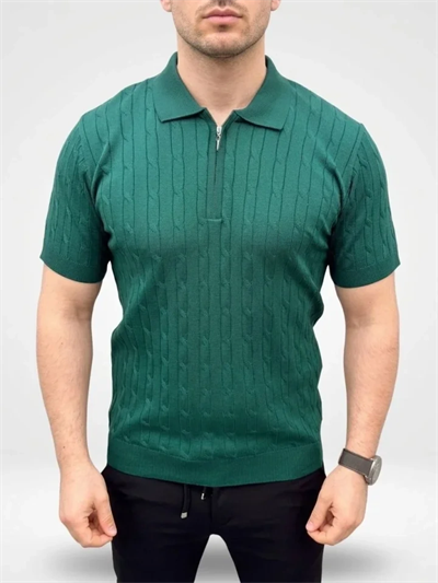 Erkek Yazlık Triko Saç Örgü Tişört Kısa Kol Polo Yaka Fermuarlı T-Shirt - Haki