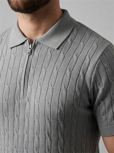 Erkek Yazlık Triko Saç Örgü Tişört Kısa Kol Polo Yaka Fermuarlı T-Shirt - Gri