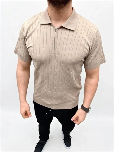 Erkek Yazlık Triko Saç Örgü Tişört Kısa Kol Polo Yaka Fermuarlı T-Shirt - Bej