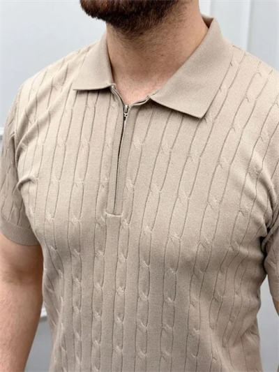 Erkek Yazlık Triko Saç Örgü Tişört Kısa Kol Polo Yaka Fermuarlı T-Shirt - Bej