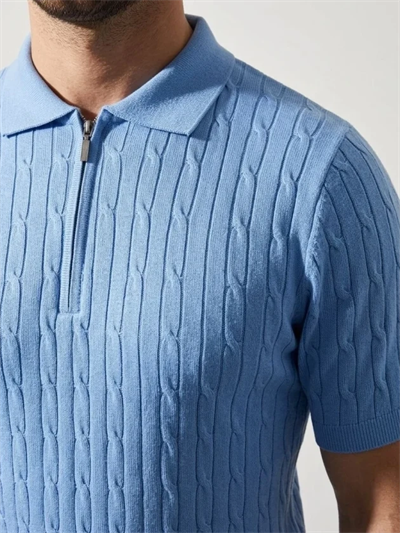 Erkek Yazlık Triko Saç Örgü Tişört Kısa Kol Polo Yaka Fermuarlı T-Shirt - Bebe Mavisi