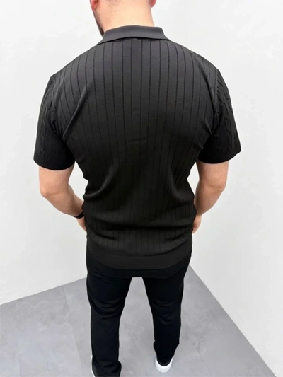 Erkek Yazlık Triko Saç Örgü Tişört Kısa Kol Polo Yaka Fermuarlı T-Shirt - Siyah