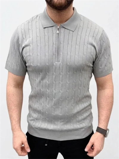 Erkek Yazlık Triko Saç Örgü Tişört Kısa Kol Polo Yaka Fermuarlı T-Shirt - Gri