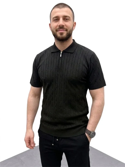 Erkek Yazlık Triko Saç Örgü Tişört Kısa Kol Polo Yaka Fermuarlı T-Shirt - Siyah