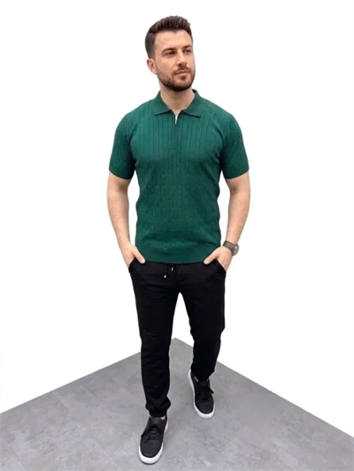 Erkek Yazlık Triko Saç Örgü Tişört Kısa Kol Polo Yaka Fermuarlı T-Shirt - Haki