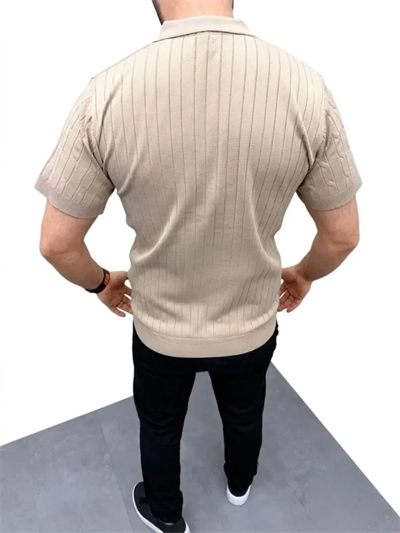 Erkek Yazlık Triko Saç Örgü Tişört Kısa Kol Polo Yaka Fermuarlı T-Shirt - Bej