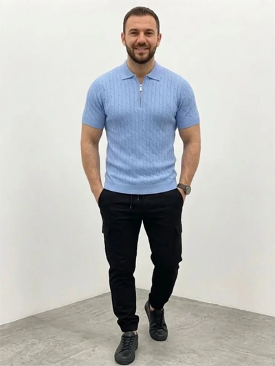 Erkek Yazlık Triko Saç Örgü Tişört Kısa Kol Polo Yaka Fermuarlı T-Shirt - Bebe Mavisi