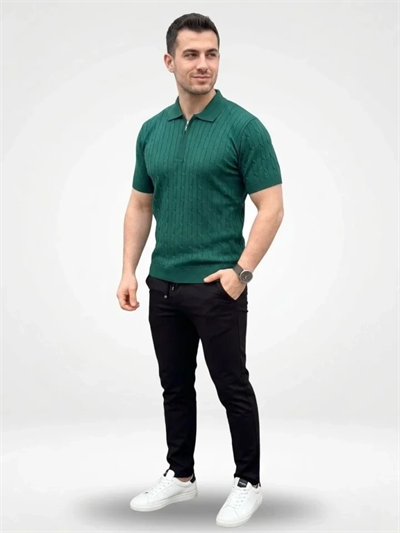 Erkek Yazlık Triko Saç Örgü Tişört Kısa Kol Polo Yaka Fermuarlı T-Shirt - Haki