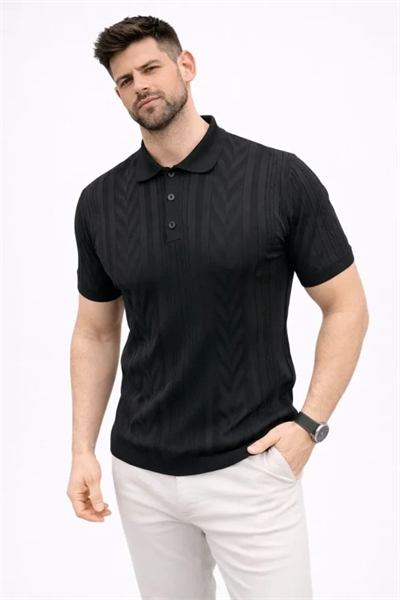 Erkek Yazlık Triko Tişört Kısa Kol Polo Yaka Düğmeli T-Shirt - Siyah