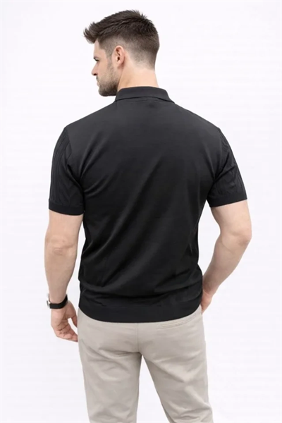Erkek Yazlık Triko Tişört Kısa Kol Polo Yaka Düğmeli T-Shirt - Siyah
