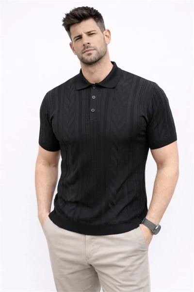 Erkek Yazlık Triko Tişört Kısa Kol Polo Yaka Düğmeli T-Shirt - Siyah