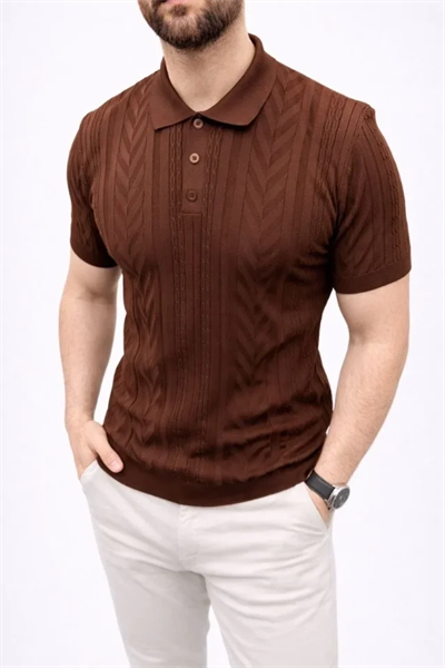 Erkek Yazlık Triko Tişört Kısa Kol Polo Yaka Düğmeli T-Shirt - Kahverengi
